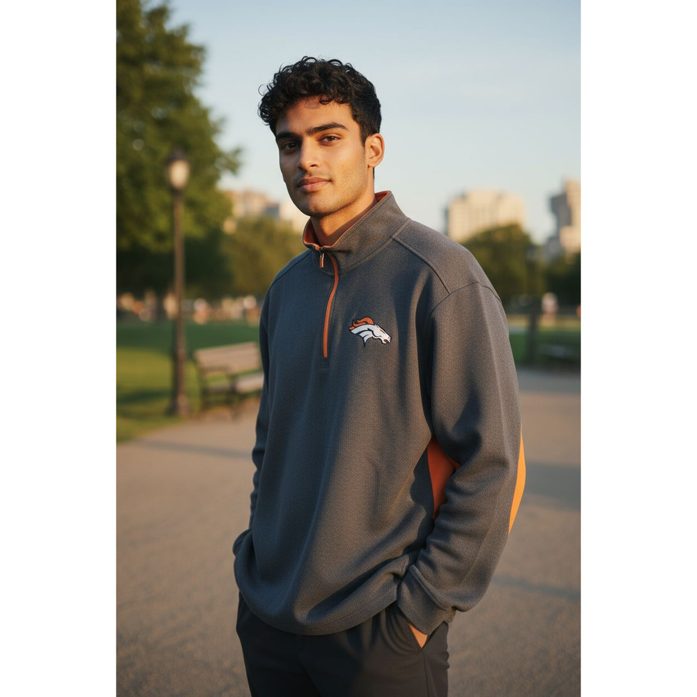 M775Antigua Denver Broncos 1/4 Zip Pullover High Neck Gray Orange Sweatshirt 2XL